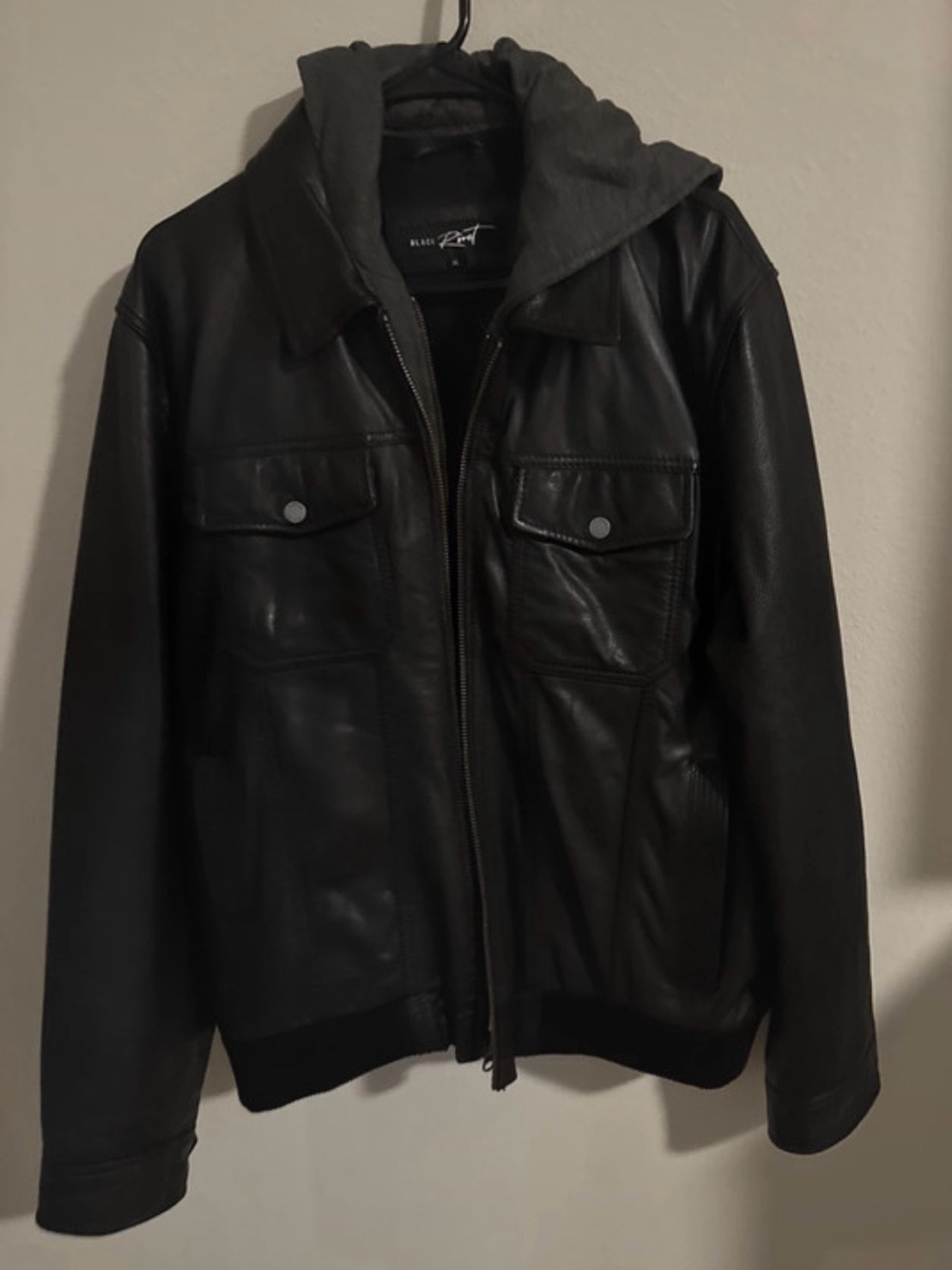 Black Rivet Black Leather Bomber with Removable Hood